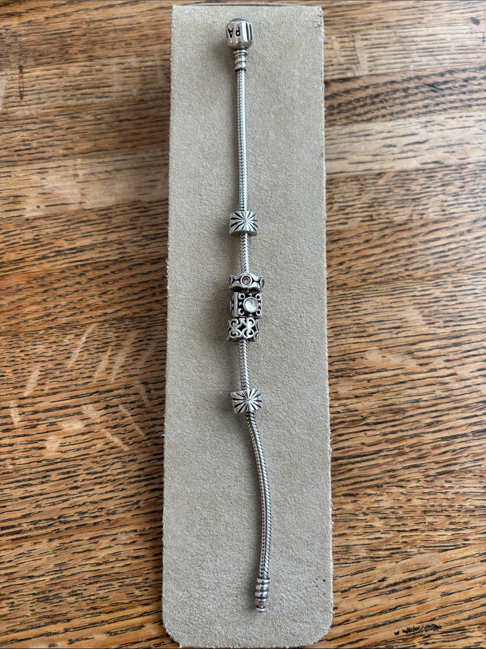Classic Pandora Silver Snake Chain Bracelet w/2 Spacers & 3 Charms. All 925